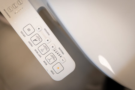 Modern high tech toilet with electronic bidet. Industry leaders recently agreed on signage standards...