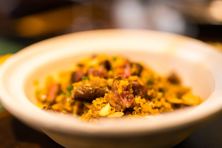 Rice topping with baked beef steak. Close upの写真素材