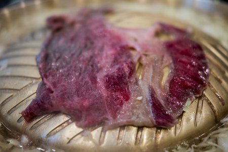 Raw beef on a brass pan. Close upの写真素材