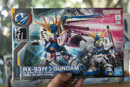 Bangkok, Thailand - March 12, 2026 : A box of BANDAI GUNDAM SIDE-F Exclusive BB Senshi RX-93ff Nu...