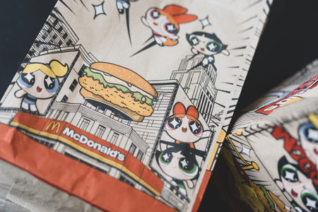 Samut Prakan, Thailand - April 8, 2026 : Pattern of Powerpuff Girls in brown food paper of Mcdonald's Thailand. Mcdonald's Thailand has launched an exclusive McDonaldâ€™s X The Powerpuff Girls collaboration
