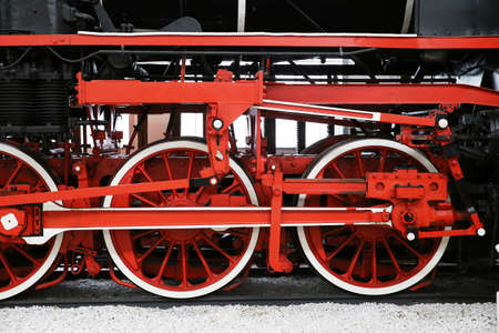 Wheels set for the drive of a steam locomotive. Spoke wheel, driving wheel and dome rodの写真素材