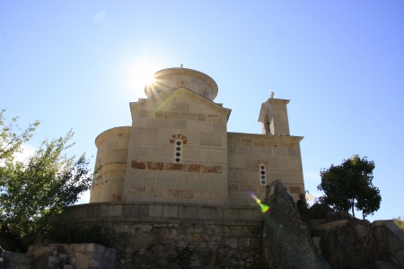 Ortodox church with sunburst, Montenegro, Balkansの写真素材