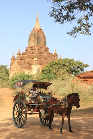 Horse-cart for tourists, Bagan Archaeological Zone, Mandalay region, Myanmar, Southeast Asiaの写真素材
