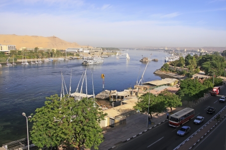 Boats on the Nile river, Aswan, Egyptの写真素材
