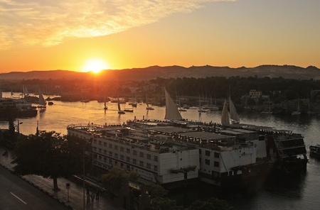 Sunset over the Nile river, Aswan, Egyptの写真素材