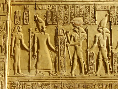 Ancient hieroglyphics on the wall of Kom Ombo temple, Egypt