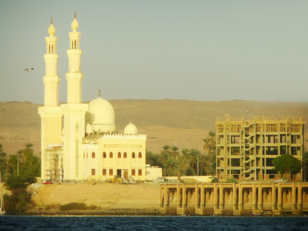 Mosque on the Nile river bank, Egyptの写真素材