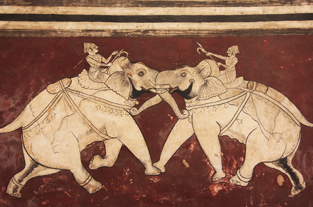 Colorful wall paintings in Chitrashala, Bundi Palace, Rajasthan, Indiaのeditorial素材