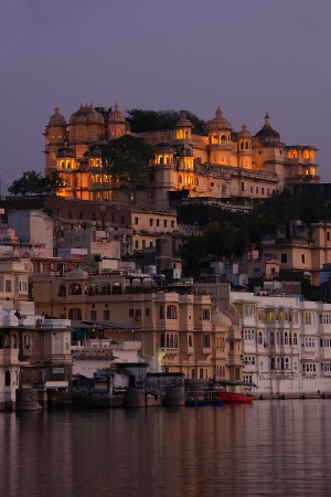 City Palace complex at night, Udaipur, Rajasthan, Indiaのeditorial素材
