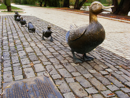 Make way for ducklings sculpture, Novodevichy Park, Moscow, Russiaの写真素材