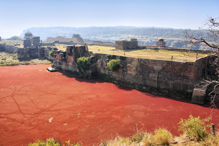 Ranthambore Fort and red lake, Rajasthan, Indiaの写真素材