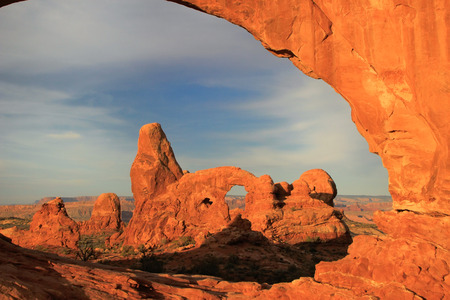 Turret Arch seen from North Window Arch in Arches National Park, Utahの写真素材