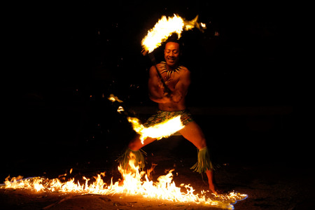 Fire show in famous Hina cave, blurred motion, Oholei beach, Tongatapu island, Tongaのeditorial素材