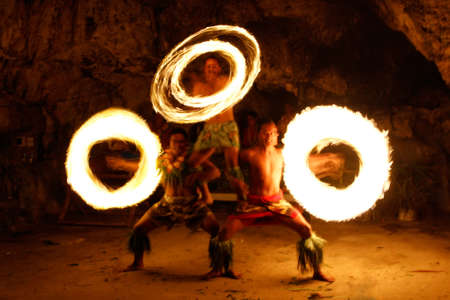 Fire show in famous Hina cave, blurred motion, Oholei beach, Tongatapu island, Tongaのeditorial素材