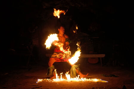 Fire show in famous Hina cave, blurred motion, Oholei beach, Tongatapu island, Tongaのeditorial素材
