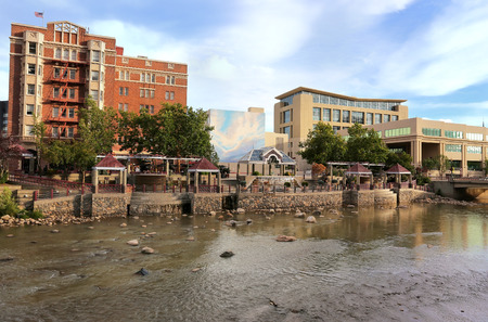 Reno skyline along Truckee river, Nevada, USAの写真素材