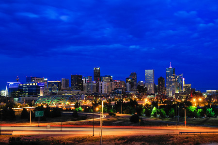 Skyline of Denver at night in Colorado, USA.  Denver is the most populous city in Colorado.の写真素材