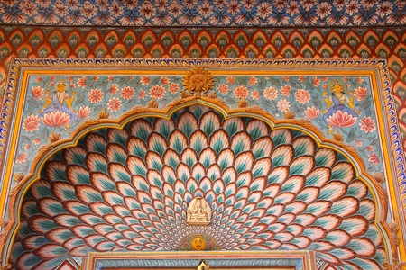 Close up of Lotus Gate in Pitam Niwas Chowk, Jaipur City Palace, Rajasthan, India. Palace was the seat of the Maharaja of Jaipur, the head of the Kachwaha Rajput clan.のeditorial素材