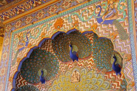 Close up of Peacock Gate in Pitam Niwas Chowk, Jaipur City Palace, Rajasthan, India. Palace was the seat of the Maharaja of Jaipur, the head of the Kachwaha Rajput clan.のeditorial素材