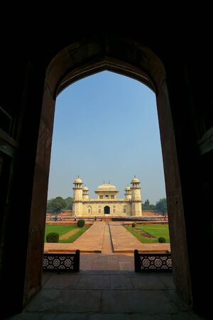 Framed view of  Itimad-ud-Daulah Mausoleum in Agra, Uttar Pradesh, India. This Tomb is often regarded as a draft of the Taj Mahal.の写真素材