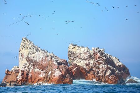 Rock formations in Ballestas Islands Reserve in Peru. Ballestas islands are an important sanctuary for marine faunaの写真素材