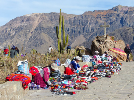 Small souvenir market at Mirador Cruz del Condor in Colca Canyon, Peru. It is very popular viewpoint for spotting Andean condors.のeditorial素材