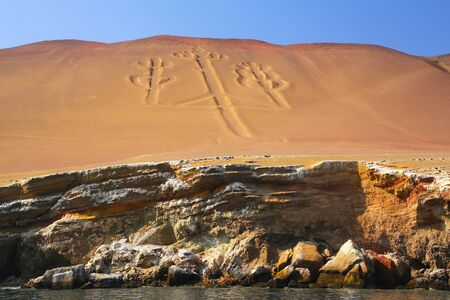 Candelabra of the Andes in Pisco Bay, Peru. Candelabra is a well-known prehistoric geoglyph found on the northern face of the Paracas Peninsulaの写真素材