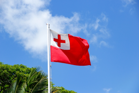 National flag of Tonga against blue sky. Tonga is a Polynesian sovereign state and archipelago.の写真素材