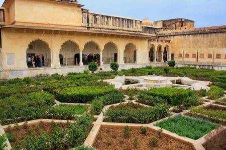 Charbagh garden in the third courtyard of Amber Fort, Rajasthan, India. Amber Fort is the main tourist attraction in the Jaipur area.のeditorial素材