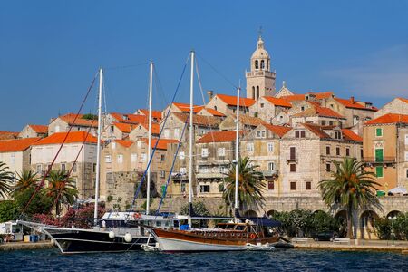 View of Korcula old town, Croatia. Korcula is a historic fortified town on the protected east coast of the island of Korculaのeditorial素材