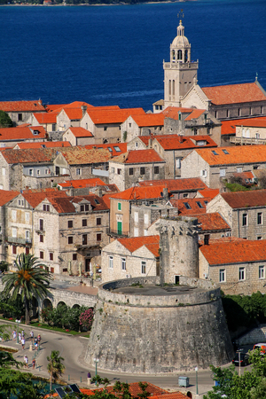 Close view of Korcula old town, Croatia. Korcula is a historic fortified town on the protected east coast of the island of Korculaの写真素材