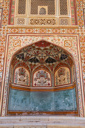 Part of Ganesh Pol at Amber Fort near Jaipur, Rajasthan, India. Ganesh Pol was a gateway to the maharaja's appartments.のeditorial素材