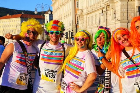 People posing for photos during The Color Run in Trieste, Italy. Trieste is the capital of the autonomous region Friuli-Venezia Giuliaのeditorial素材