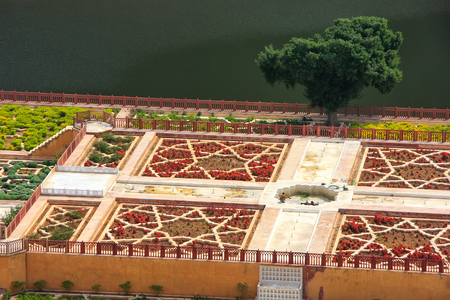 Close view of Kesar Kyari (Saffron Garden) on Maota Lake from Amber Fort, Rajasthan, India. Amber Fort is the main tourist attraction in the Jaipur area.のeditorial素材