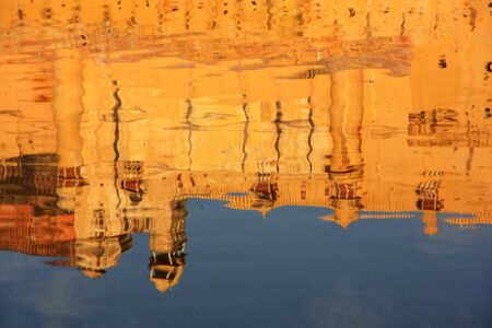 Reflection of Amber Fort in Maota Lake near Jaipur, Rajasthan, India. Amber Fort is the main tourist attraction in the Jaipur area.の写真素材