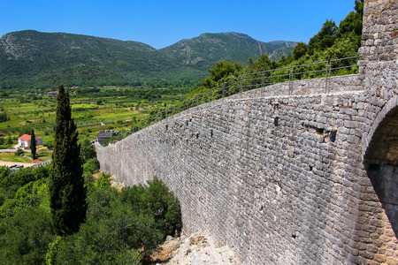 Defensive walls of Ston town, Peljesac Peninsula, Croatia. Ston was a major fort of the Ragusan Republicの写真素材