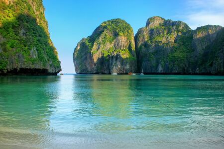 Maya Bay surrounded by limestone cliffs on Phi Phi Leh Island, Krabi Province, Thailand. It is part of Mu Ko Phi Phi National Park.の写真素材