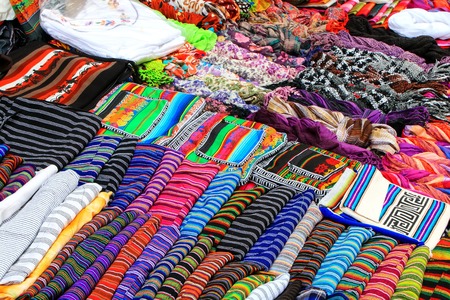 Display of traditional textile at the street market in Montevideo, Uruguay. Montevideo is the capital and largest city of Uruguay.の写真素材