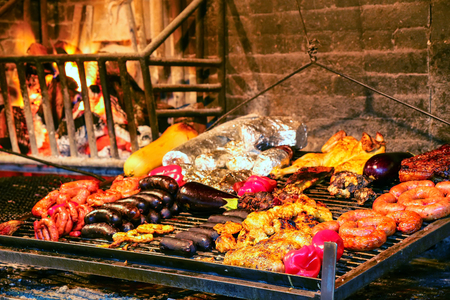 Display of meats in Port Market, Montevideo, Uruguay. It is the most popular place for parillas barbeque in the city.の写真素材
