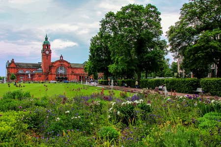Park in front of train stations in Wiesbaden, Hesse, Germany. Wiesbaden is one of the oldest spa towns in Europeのeditorial素材