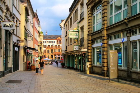 Pedestrian street Marktstrasse in historic town center of Wiesbaden, Hesse, Germany. Wiesbaden is one of the oldest spa towns in Europeのeditorial素材