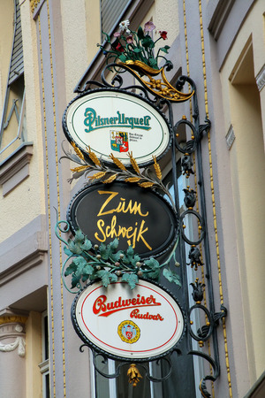 Decorated pub sign in historic town center of Wiesbaden, Hesse, Germany. Wiesbaden is one of the oldest spa towns in Europeのeditorial素材