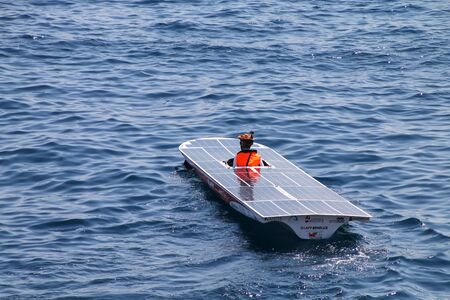 Solar boat in Port Hercules during Monaco Solar Boat Challenge. It is for vessels powered only by...