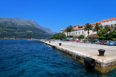 Pier of Korcula old town, Croatia. Korcula is a historic fortified town on the protected east coast of the island of Korculaのeditorial素材