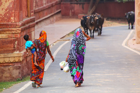 Local women walking along the wall of Taj Mahal complex in Agra, Uttar Pradesh, India. Agra is one of the most populous cities in Uttar Pradeshの写真素材