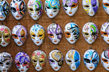 Display of masks at a souvenir shop in the street of Venice, Italy. Masks have always been an important feature of the famous Venetian carnival.のeditorial素材