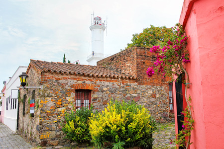Stone houses and lighthouse in Colonia del Sacramento, Uruguay. It is one of the oldest towns in Uruguayのeditorial素材