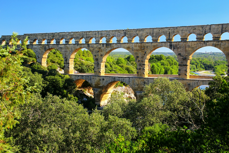 Aqueduct Pont du Gard in southern France. It is the highest of all elevated Roman aqueducts.の写真素材