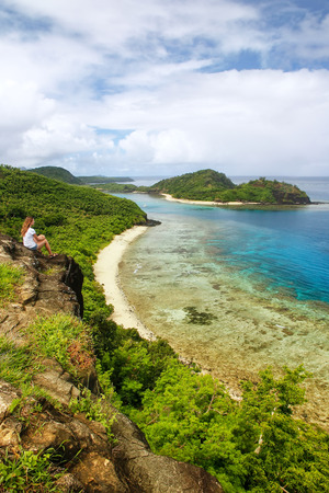 View of Drawaqa Island coastline and Nanuya Balavu Island, Yasawa Islands, Fiji. This archipelago consists of about 20 volcanic islandsの写真素材